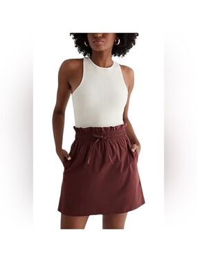 Express High Waist Paperbag Mini Skirt Adjustable Drawstring Lined Brown Size 12